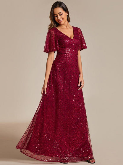 ever ARIA|Shimmering All Over Sequin Short Sleeves A-Line Formal Evening Dress