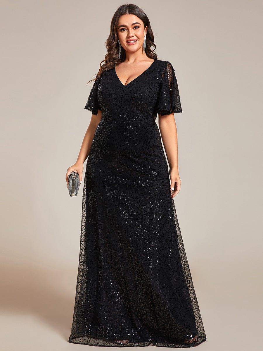 pretty ARIA|Plus Size See-Through Short Sleeves Maxi Sequin Formal Evening Dress