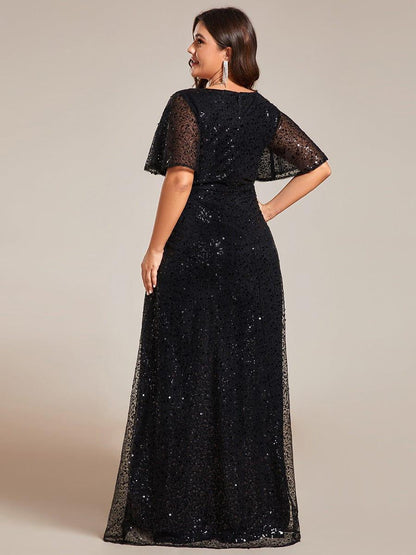 pretty ARIA|Plus Size See-Through Short Sleeves Maxi Sequin Formal Evening Dress
