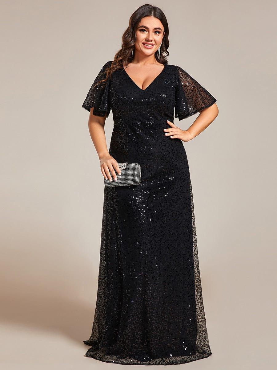 ever ARIA|Shimmering All Over Sequin Short Sleeves A-Line Formal Evening Dress