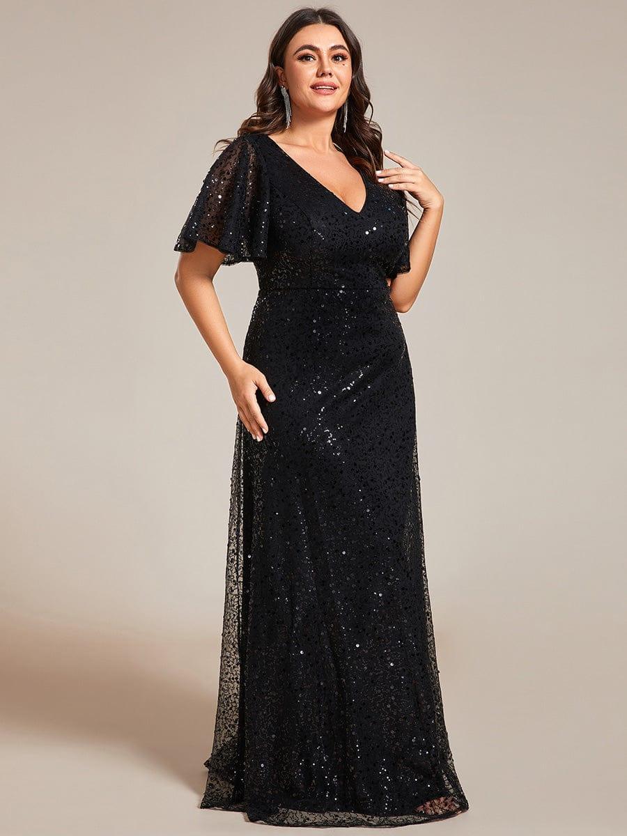 pretty ARIA|Plus Size See-Through Short Sleeves Maxi Sequin Formal Evening Dress
