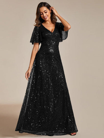 ever ARIA|Shimmering All Over Sequin Short Sleeves A-Line Formal Evening Dress