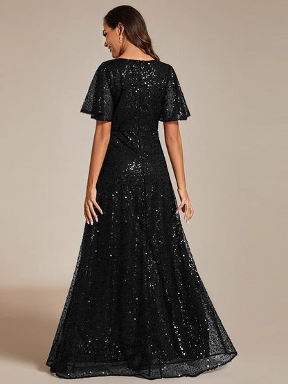 ever ARIA|Shimmering All Over Sequin Short Sleeves A-Line Formal Evening Dress