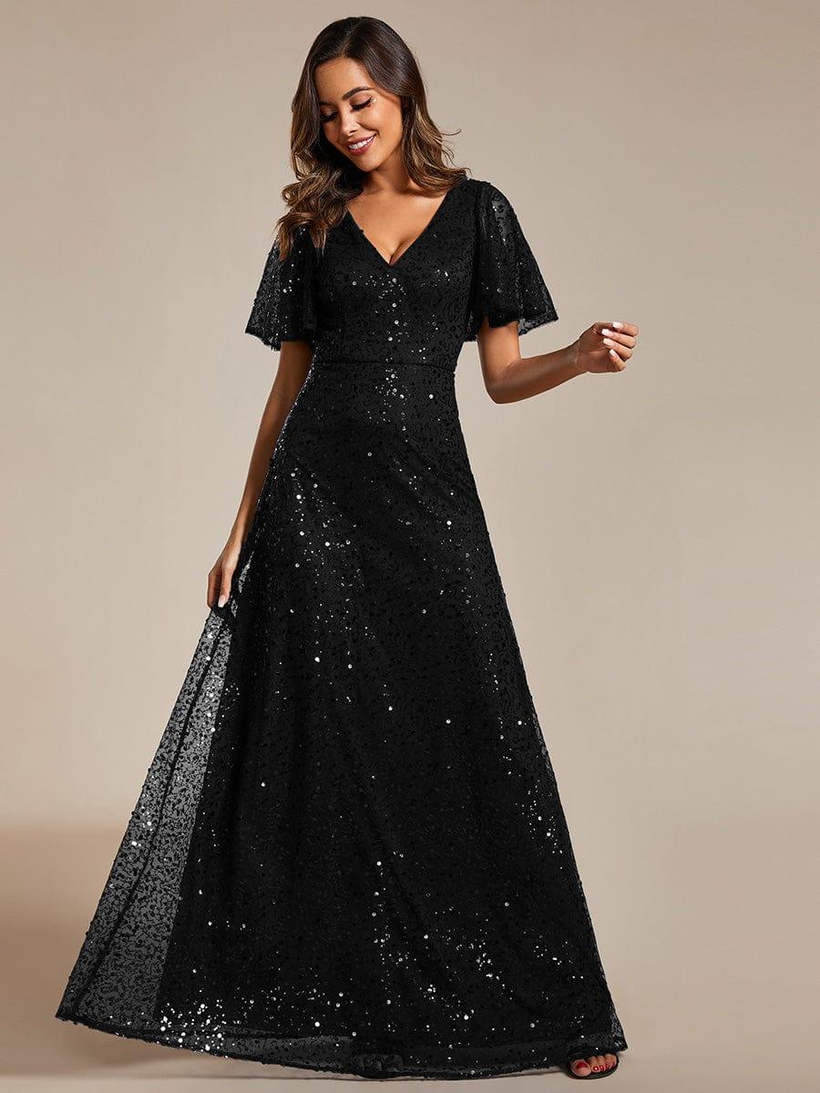 ever ARIA|Shimmering All Over Sequin Short Sleeves A-Line Formal Evening Dress