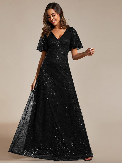ever ARIA|Shimmering All Over Sequin Short Sleeves A-Line Formal Evening Dress