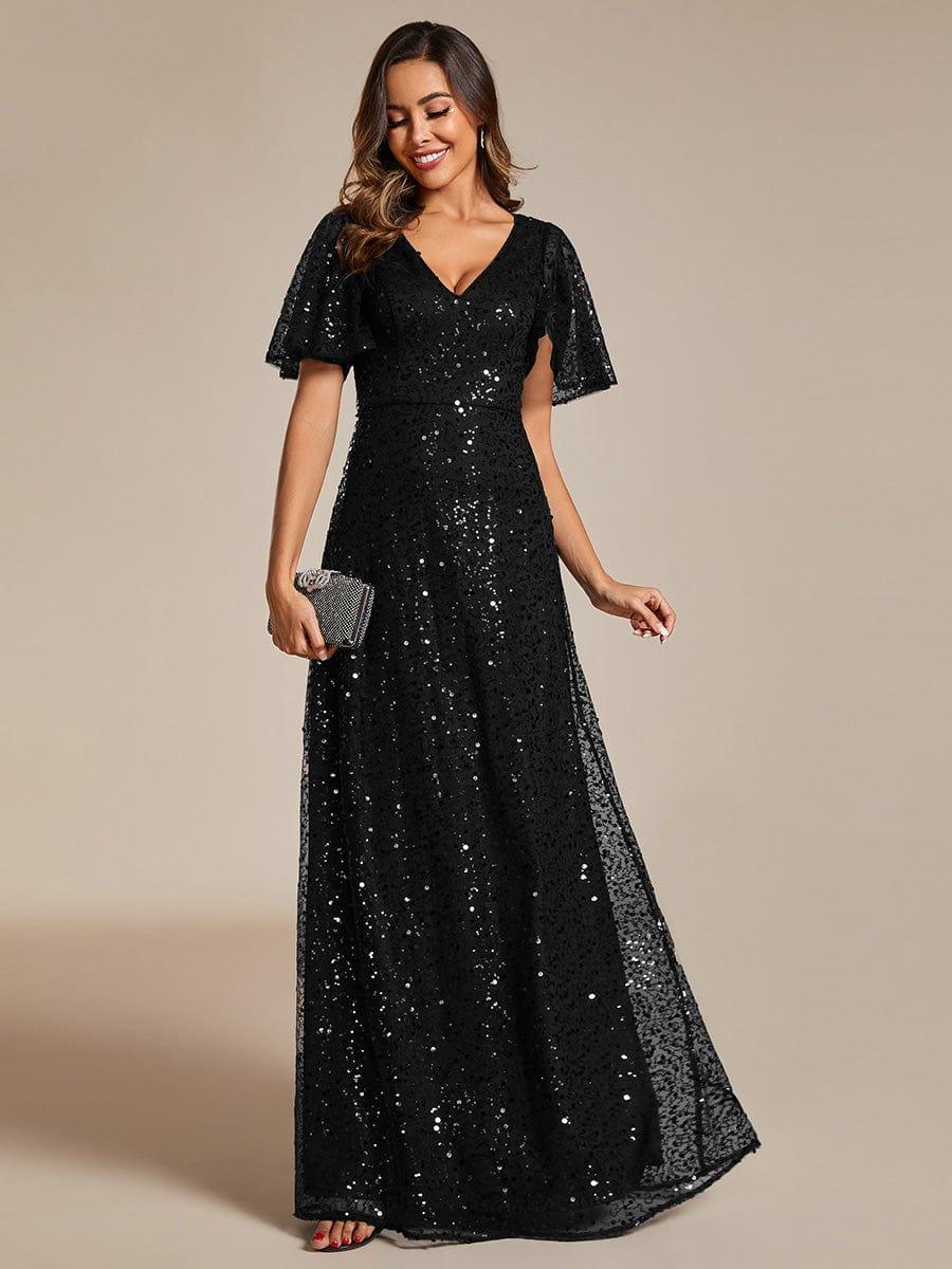 ever ARIA|Shimmering All Over Sequin Short Sleeves A-Line Formal Evening Dress