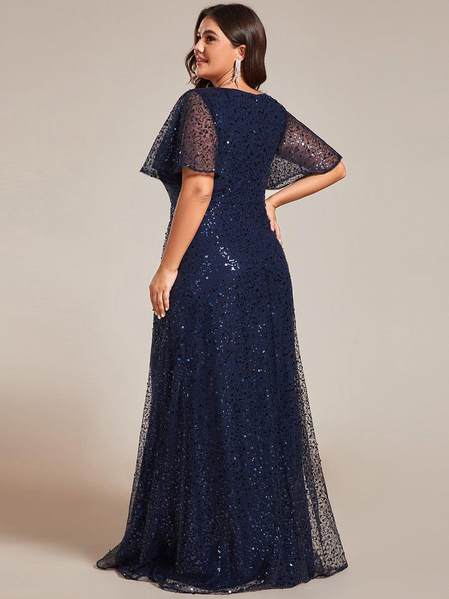 pretty ARIA|Plus Size See-Through Short Sleeves Maxi Sequin Formal Evening Dress