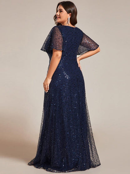 pretty ARIA|Plus Size See-Through Short Sleeves Maxi Sequin Formal Evening Dress