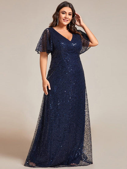 ever ARIA|Shimmering All Over Sequin Short Sleeves A-Line Formal Evening Dress