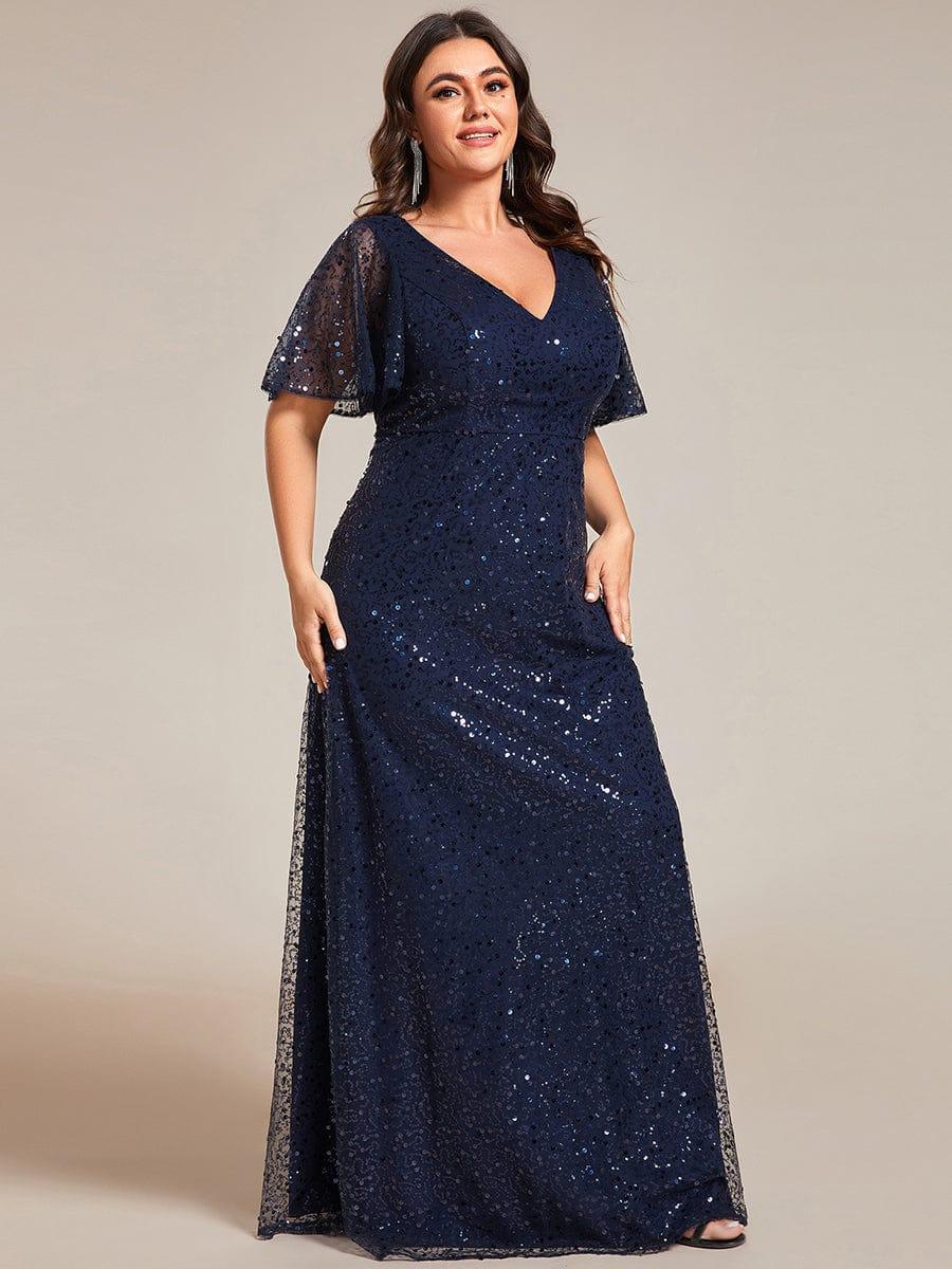 pretty ARIA|Plus Size See-Through Short Sleeves Maxi Sequin Formal Evening Dress