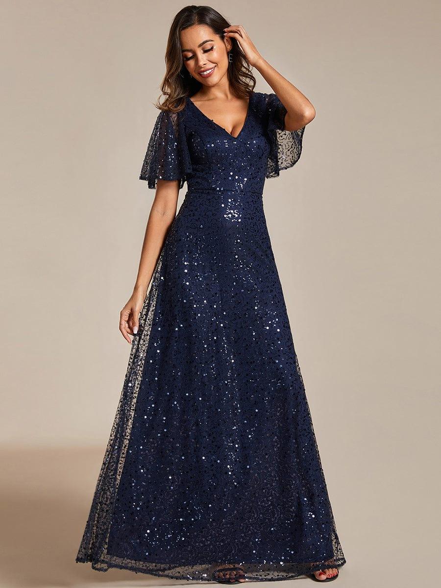 ever ARIA|Shimmering All Over Sequin Short Sleeves A-Line Formal Evening Dress