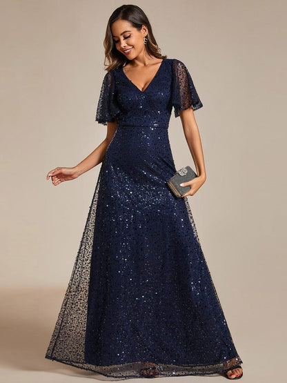 ever ARIA|Shimmering All Over Sequin Short Sleeves A-Line Formal Evening Dress
