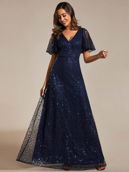 ever ARIA|Shimmering All Over Sequin Short Sleeves A-Line Formal Evening Dress
