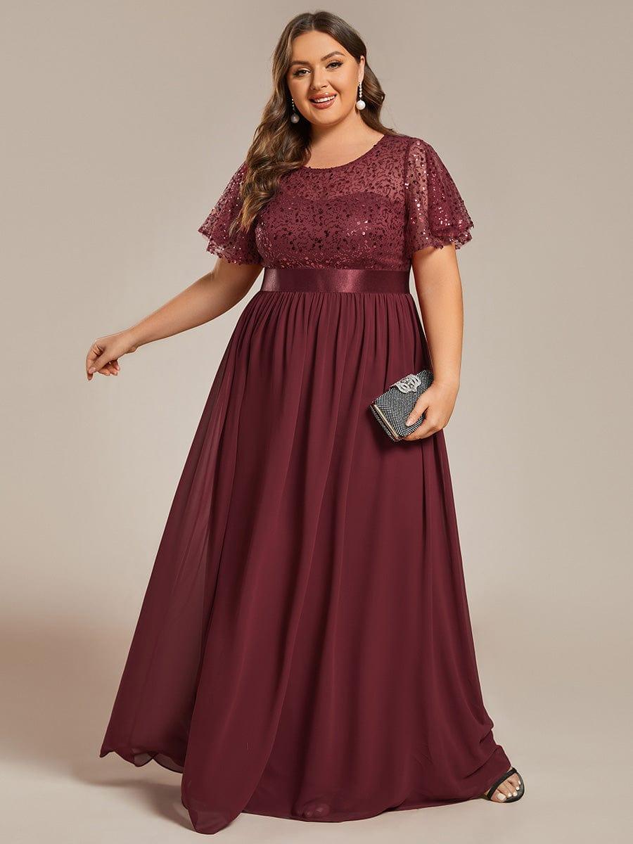 Plus Size Round-Neck Sequin High Waist Short-Sleeved Formal Evening Dress