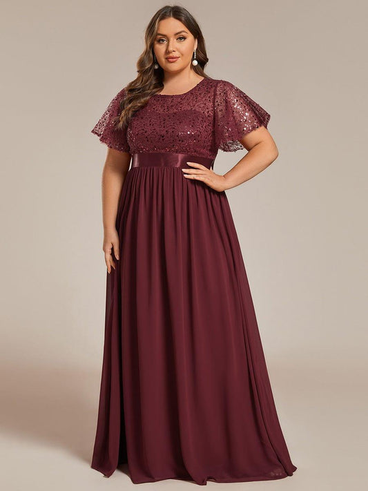 Plus Size Round-Neck Sequin High Waist Short-Sleeved Formal Evening Dress