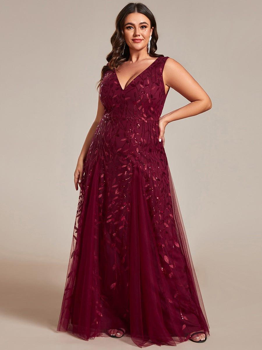 pretty ZOEY|Plus Size Sparkling Sleeveless Leaf Sequin A-Line Formal Evening Dress