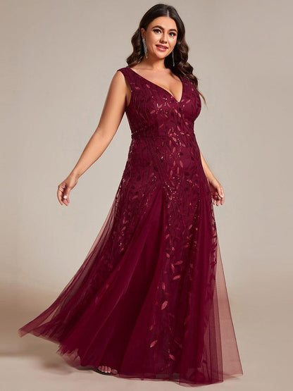 pretty ZOEY|Plus Size Sparkling Sleeveless Leaf Sequin A-Line Formal Evening Dress