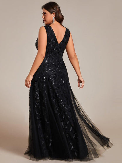 pretty ZOEY|Plus Size Sparkling Sleeveless Leaf Sequin A-Line Formal Evening Dress