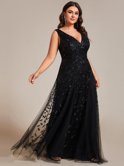 pretty ZOEY|Plus Size Sparkling Sleeveless Leaf Sequin A-Line Formal Evening Dress