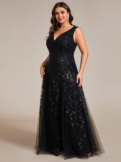 pretty ZOEY|Plus Size Sparkling Sleeveless Leaf Sequin A-Line Formal Evening Dress