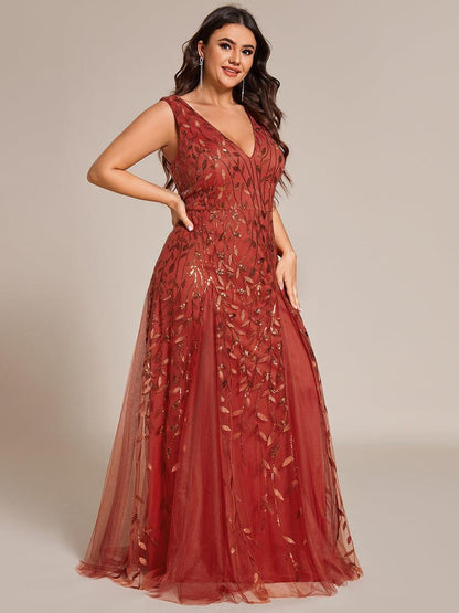 pretty ZOEY|Plus Size Sparkling Sleeveless Leaf Sequin A-Line Formal Evening Dress