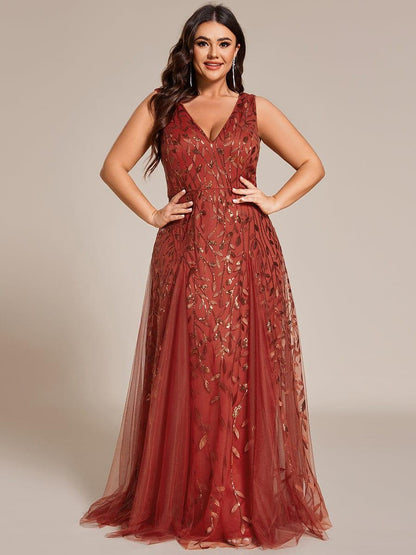 pretty ZOEY|Plus Size Sparkling Sleeveless Leaf Sequin A-Line Formal Evening Dress