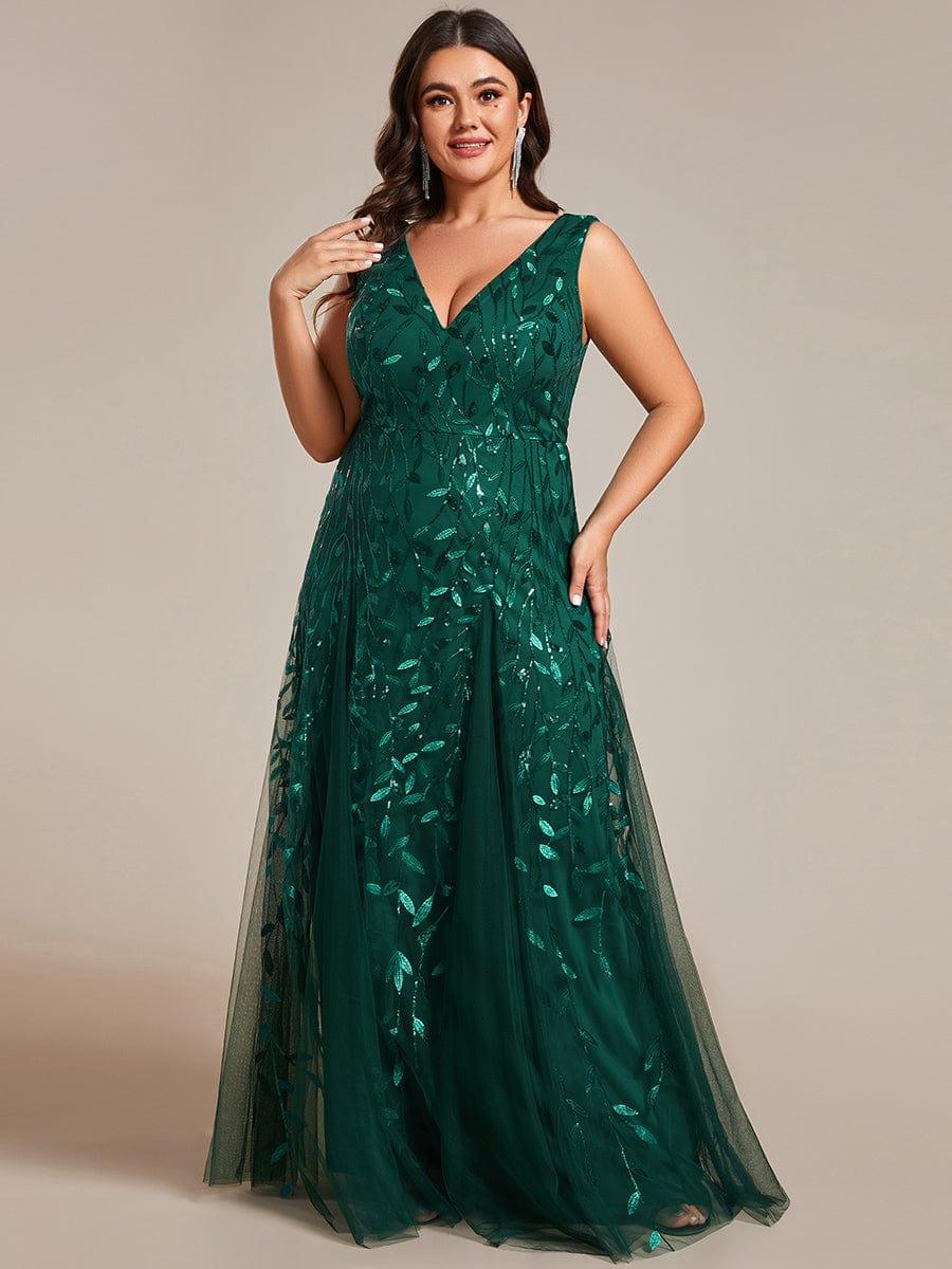 pretty ZOEY|Plus Size Sparkling Sleeveless Leaf Sequin A-Line Formal Evening Dress