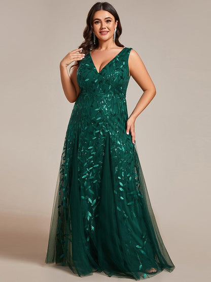 pretty ZOEY|Plus Size Sparkling Sleeveless Leaf Sequin A-Line Formal Evening Dress