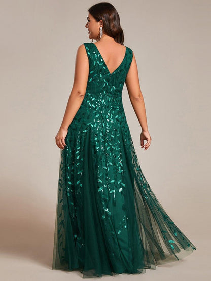 pretty ZOEY|Plus Size Sparkling Sleeveless Leaf Sequin A-Line Formal Evening Dress