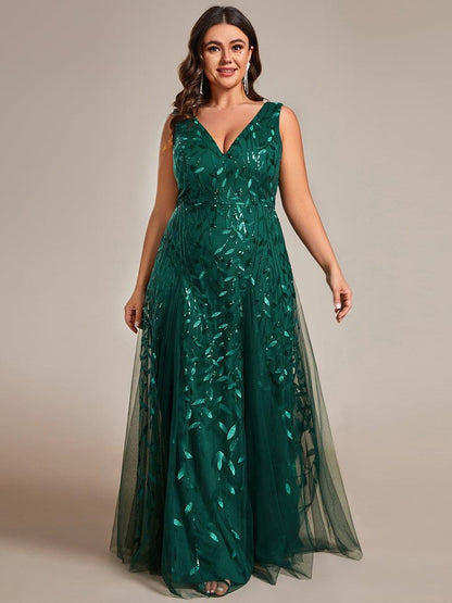pretty ZOEY|Plus Size Sparkling Sleeveless Leaf Sequin A-Line Formal Evening Dress