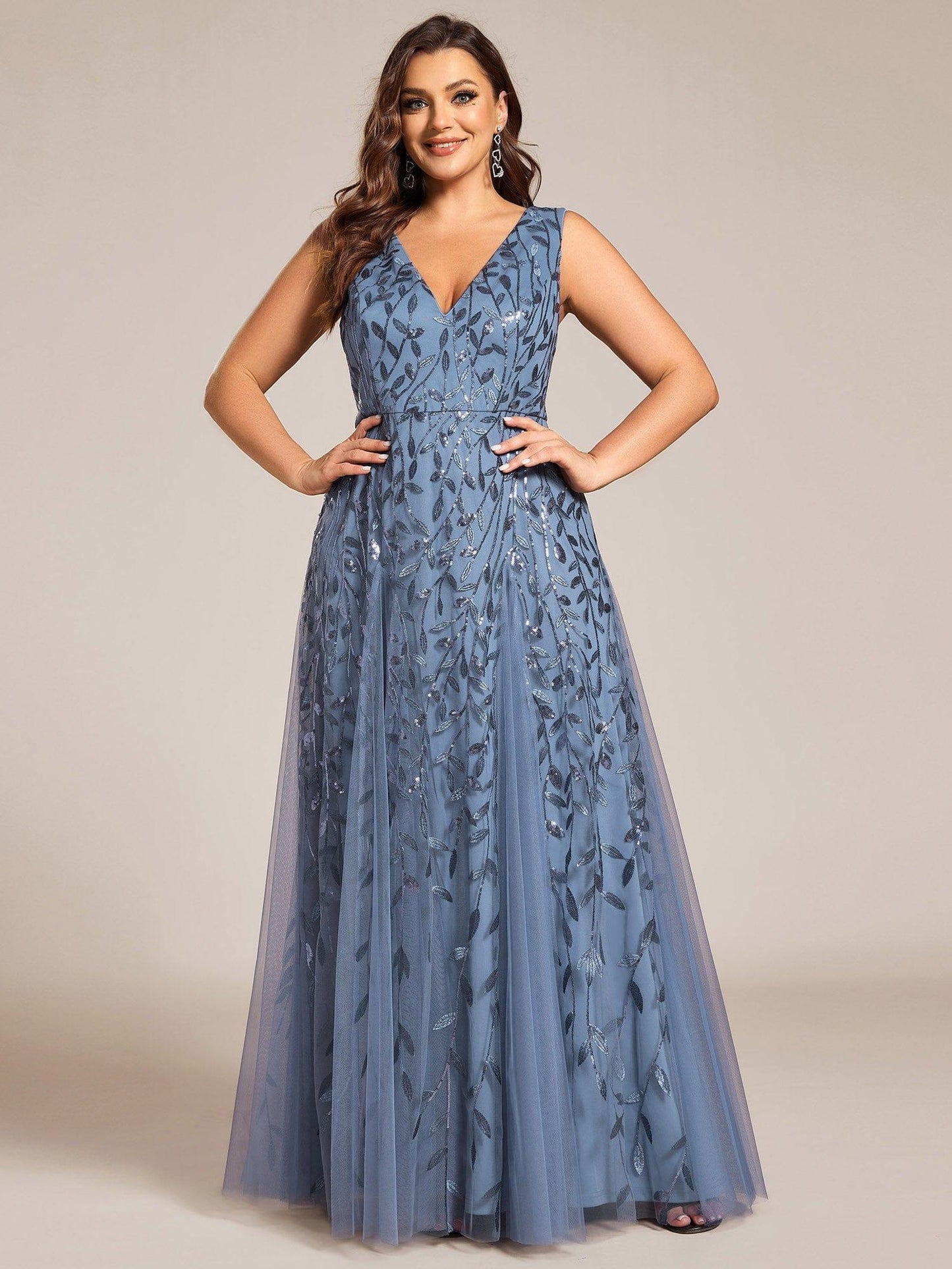 pretty ZOEY|Plus Size Sparkling Sleeveless Leaf Sequin A-Line Formal Evening Dress