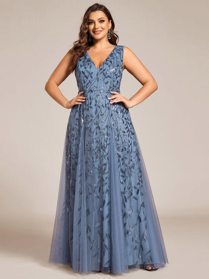 pretty ZOEY|Plus Size Sparkling Sleeveless Leaf Sequin A-Line Formal Evening Dress