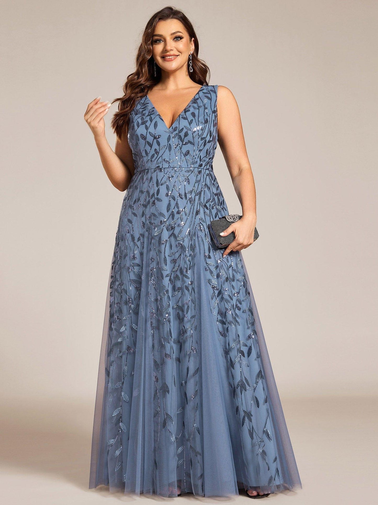 pretty ZOEY|Plus Size Sparkling Sleeveless Leaf Sequin A-Line Formal Evening Dress