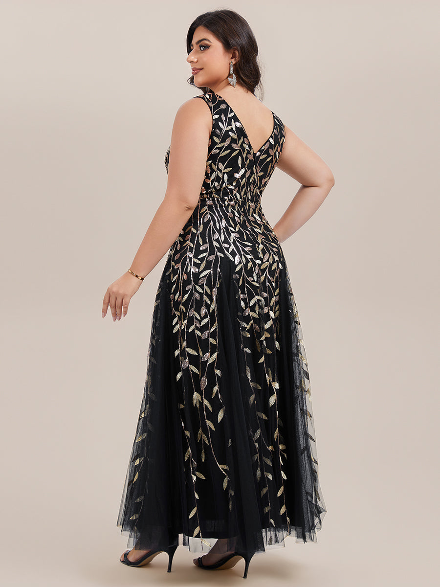 pretty ZOEY|Plus Size Sparkling Sleeveless Leaf Sequin A-Line Formal Evening Dress
