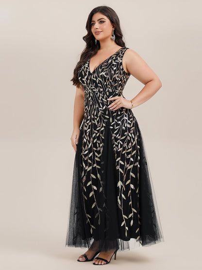 pretty ZOEY|Plus Size Sparkling Sleeveless Leaf Sequin A-Line Formal Evening Dress