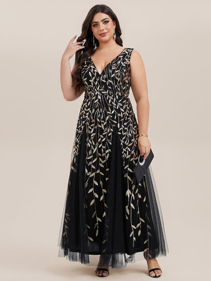 pretty ZOEY|Plus Size Sparkling Sleeveless Leaf Sequin A-Line Formal Evening Dress
