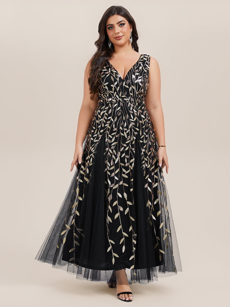 pretty ZOEY|Plus Size Sparkling Sleeveless Leaf Sequin A-Line Formal Evening Dress