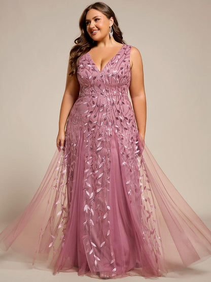 pretty ZOEY|Plus Size Sparkling Sleeveless Leaf Sequin A-Line Formal Evening Dress