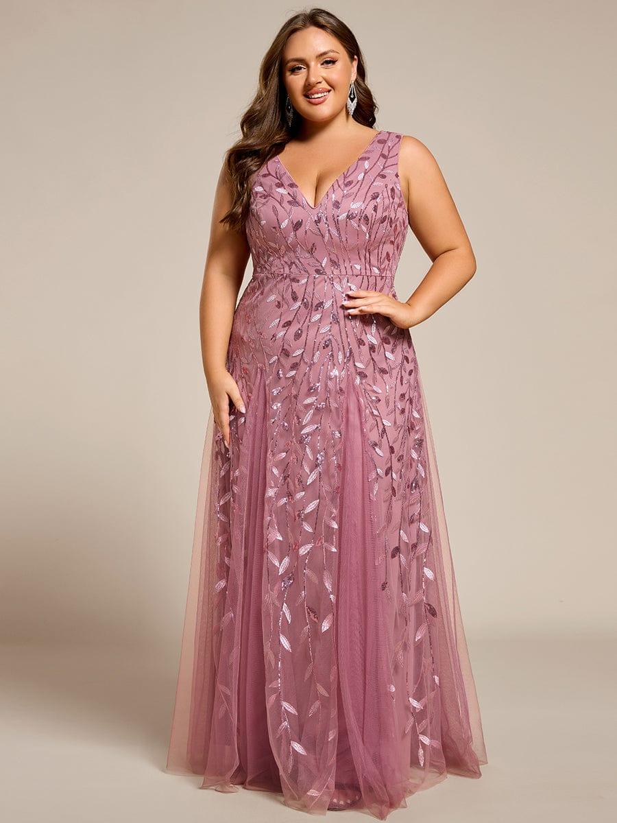 pretty ZOEY|Plus Size Sparkling Sleeveless Leaf Sequin A-Line Formal Evening Dress