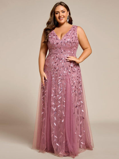 pretty ZOEY|Plus Size Sparkling Sleeveless Leaf Sequin A-Line Formal Evening Dress
