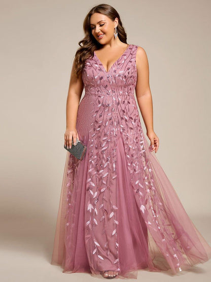 pretty ZOEY|Plus Size Sparkling Sleeveless Leaf Sequin A-Line Formal Evening Dress