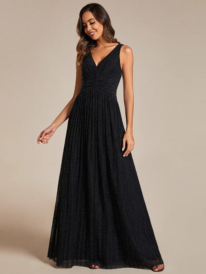 Glittery Sleeveless  Pleated Empire Waist A-Line Formal Evening Dress