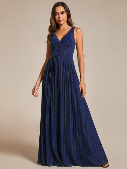 Glittery Sleeveless  Pleated Empire Waist A-Line Formal Evening Dress