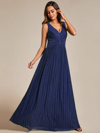 Glittery Sleeveless  Pleated Empire Waist A-Line Formal Evening Dress
