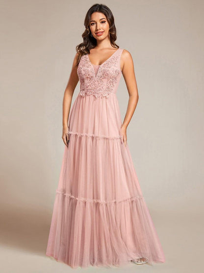 Chic See-Through Sleeveless Tulle Formal Evening Dress with Applique
