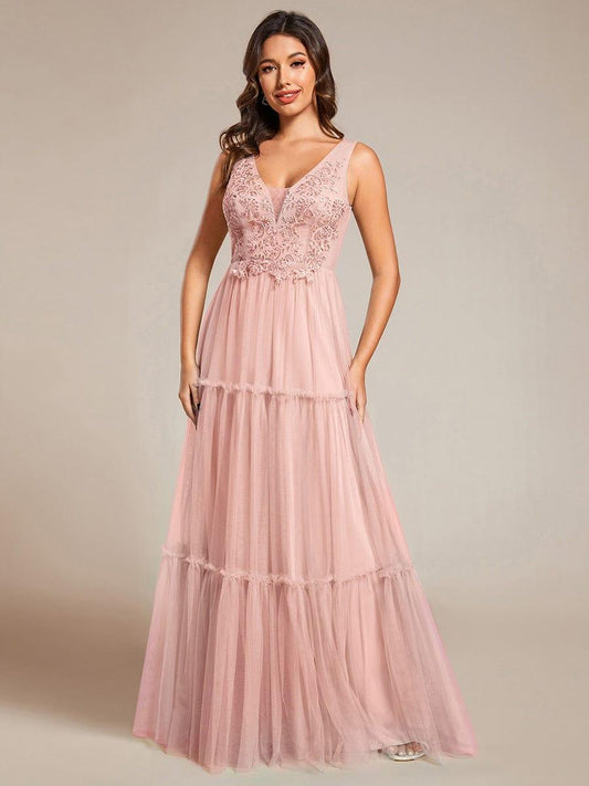 Chic See-Through Sleeveless Tulle Formal Evening Dress with Applique