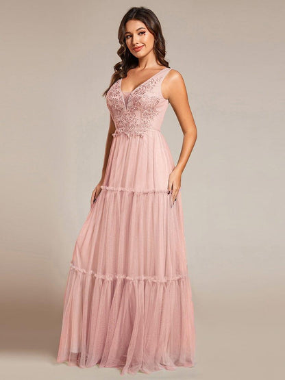 Chic See-Through Sleeveless Tulle Formal Evening Dress with Applique