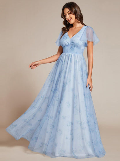 Elegant Floral Tulle V-Neck Short Sleeve Formal Evening Dress