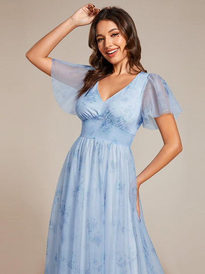 Elegant Floral Tulle V-Neck Short Sleeve Formal Evening Dress