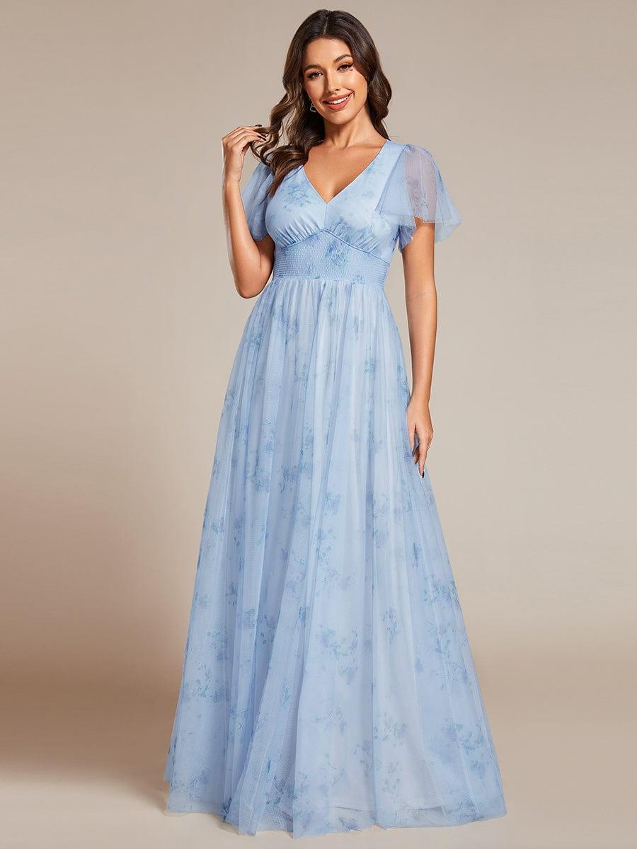Elegant Floral Tulle V-Neck Short Sleeve Formal Evening Dress